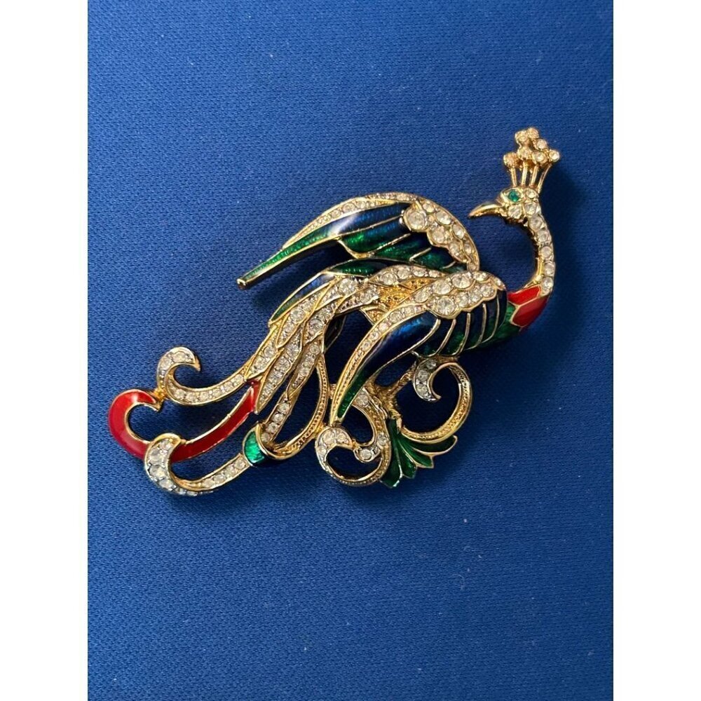 Attwood & Sawyer Peacock Swarovski 22K Gold Plated Enamel Vintage Brooch In Box - Picture 4 of 12